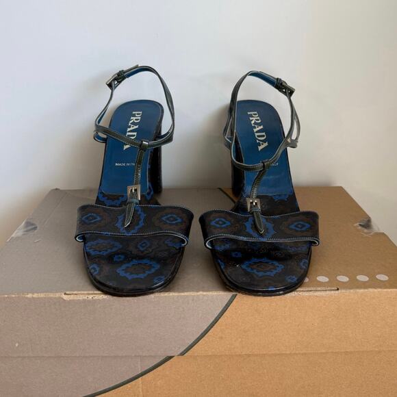 RARE Vintage Prada Blue Floral Chunky Women Heels - SZ 39 1/2 / US 9.5 - Picture 7 of 14